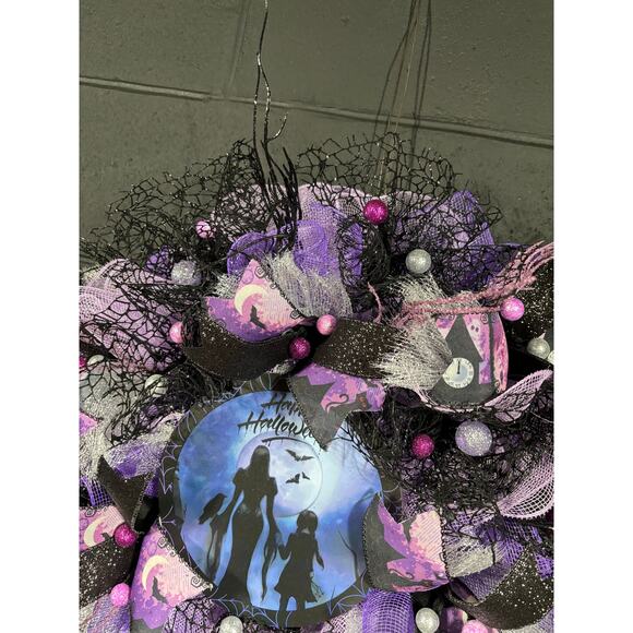 Witchy Halloween Wreath – Purple & Black Deco Mesh Door Decor – Handmade 24 inch - Picture 5 of 6